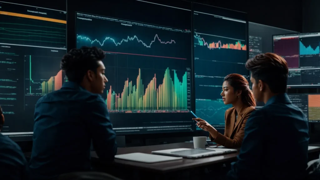 a diverse team of professionals brainstorming around a digital screen with vibrant graphs showing upward trends.