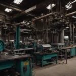 a modern workshop with tube bending machines and various metal tubes arranged neatly.