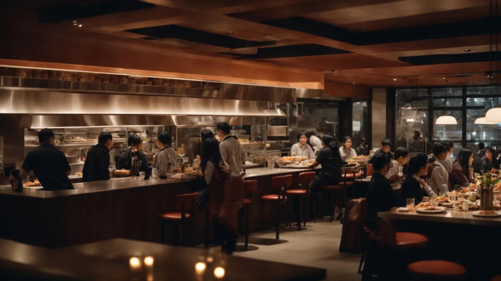 a bustling open kitchen restaurant filled with guests enjoying their meals under soft, ambient lighting.