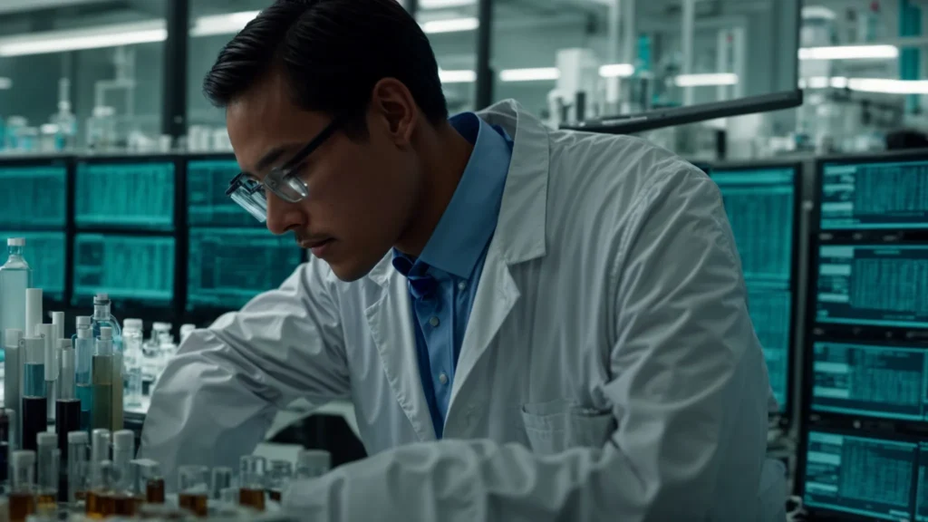 a scientist in a lab coat scrutinizes data on a computer screen, surrounded by vials and lab equipment.