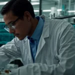 a scientist in a lab coat scrutinizes data on a computer screen, surrounded by vials and lab equipment.