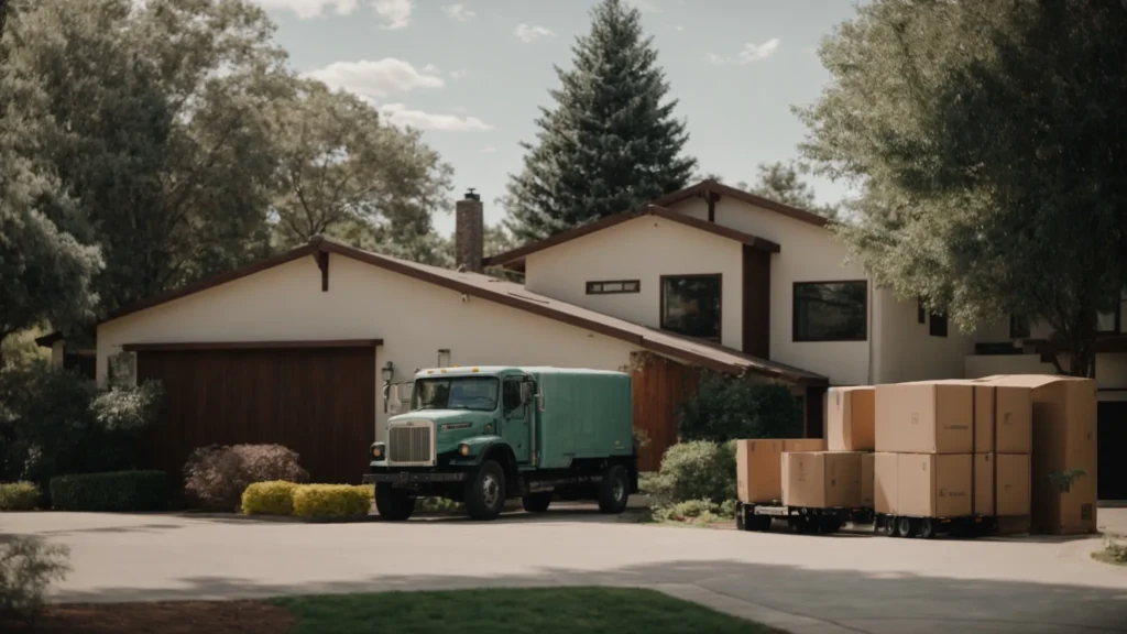 a large moving truck parked in front of a residential home, with furniture and boxes securely loaded inside.