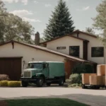 a large moving truck parked in front of a residential home, with furniture and boxes securely loaded inside.