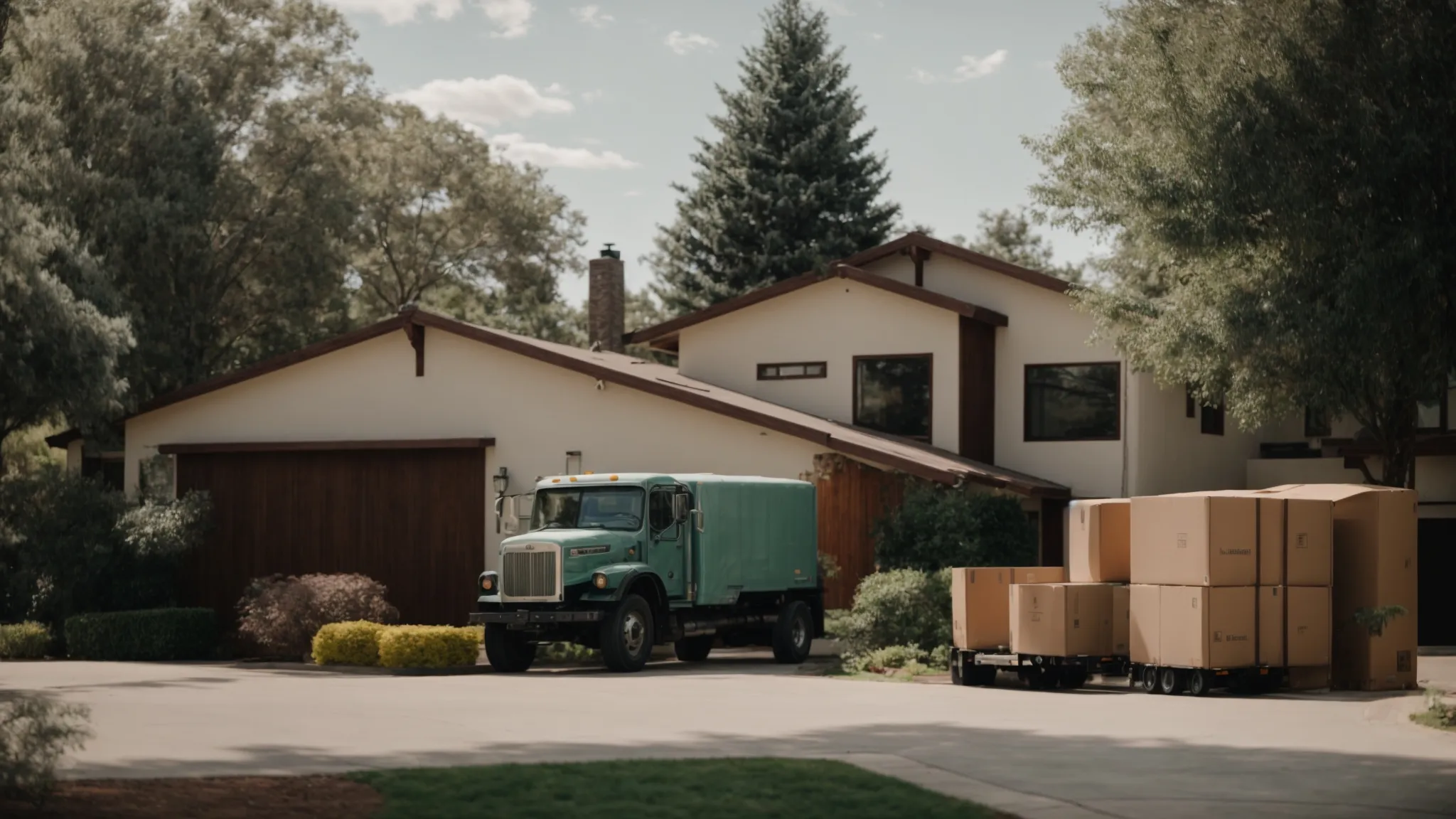 a large moving truck parked in front of a residential home, with furniture and boxes securely loaded inside.
