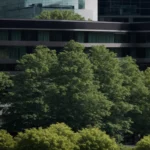 a professional landscaper trims tall trees surrounding an office building, enhancing its overall appearance and safety.