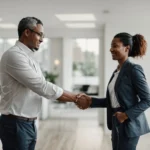 a business owner shakes hands with an insurance agent in a bright, modern office.