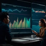 a diverse team of professionals brainstorming around a digital screen with vibrant graphs showing upward trends.