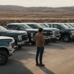 a person stands pensively in front of a row of pickup trucks, evaluating the bed sizes.
