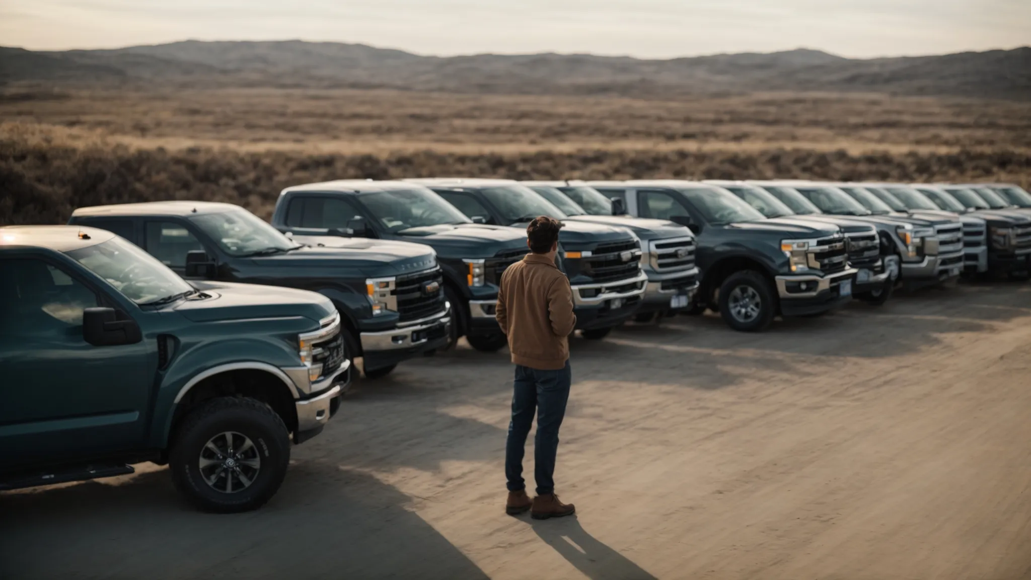 a person stands pensively in front of a row of pickup trucks, evaluating the bed sizes.