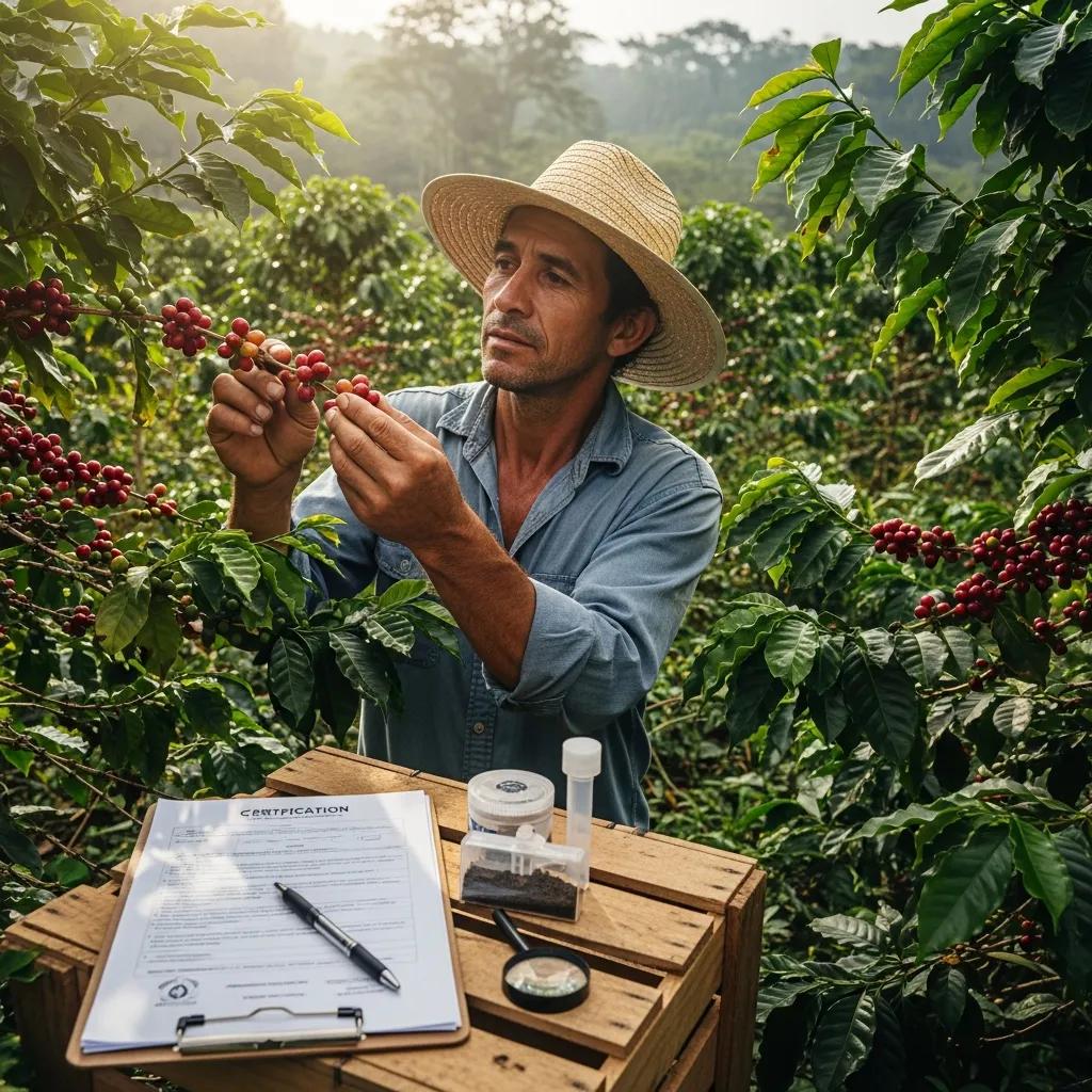 Coffee producer inspecting coffee cherries in a plantation, emphasizing quality certification