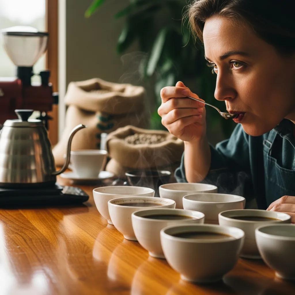 Professional evaluator conducting a coffee cupping session with various coffee samples