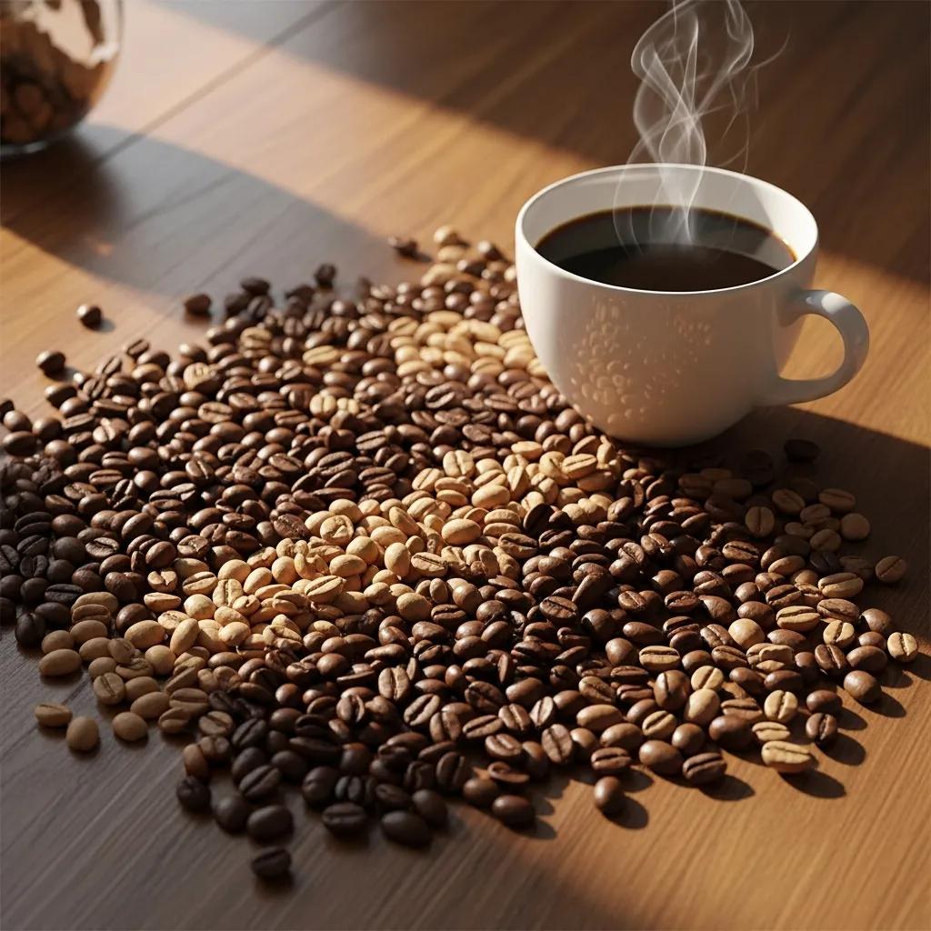 Variety of specialty coffee beans and a steaming cup of coffee on a wooden table
