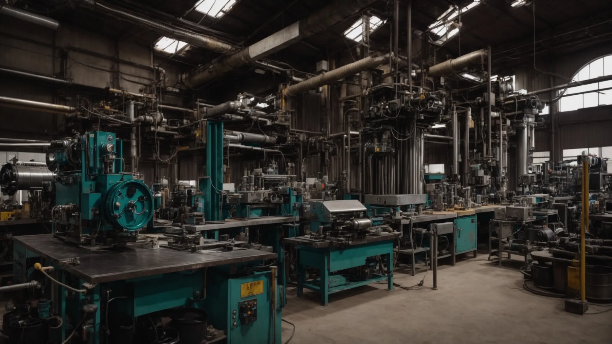 a modern workshop with tube bending machines and various metal tubes arranged neatly.